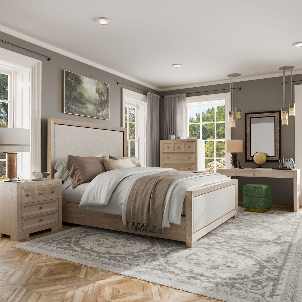 Furniture of America Durem II Modern 4-Piece Solid Wood Tawny Panel Bedroom Set with Desk