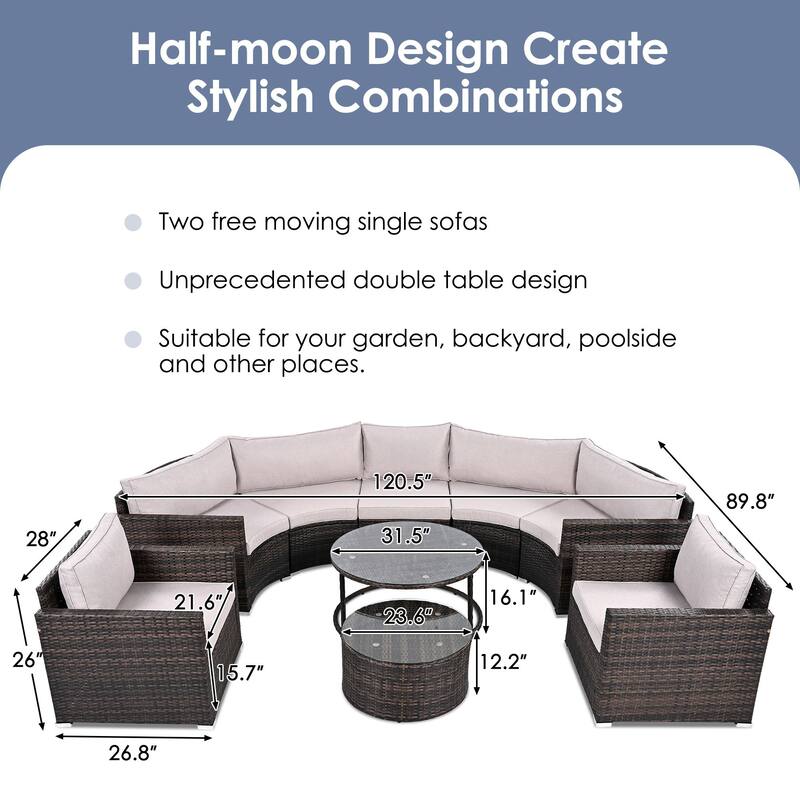 9-Piece Half-Moon Wicker Sofa Set with Round Design, Cushioned Patio Furniture Set for Outdoor Spaces