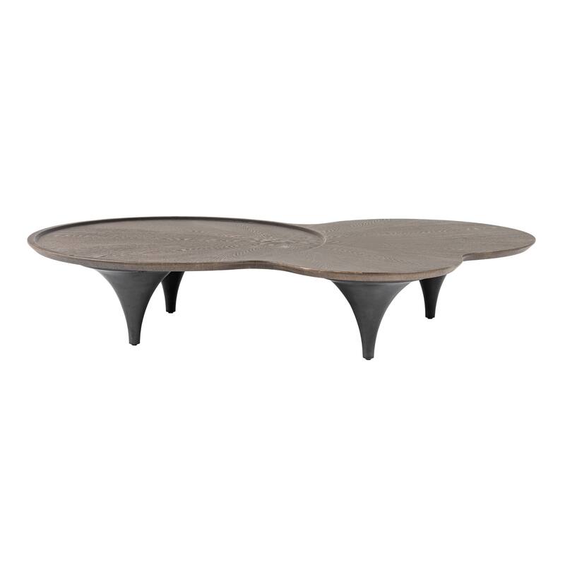 64 Inch Coffee Table, Free Form Irregular Top, Modern Dark Ash Brown