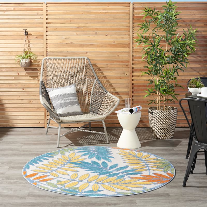 Nourison Aloha Leaf Print Vibrant Indoor/Outdoor Area Rug - 4' Round - Ivory/Multi