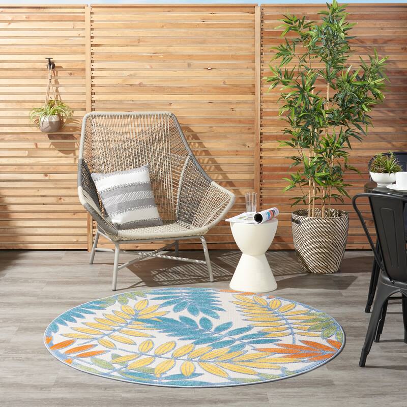 Nourison Aloha Leaf Print Vibrant Indoor/Outdoor Area Rug - 4' x round - Multi/Ivory