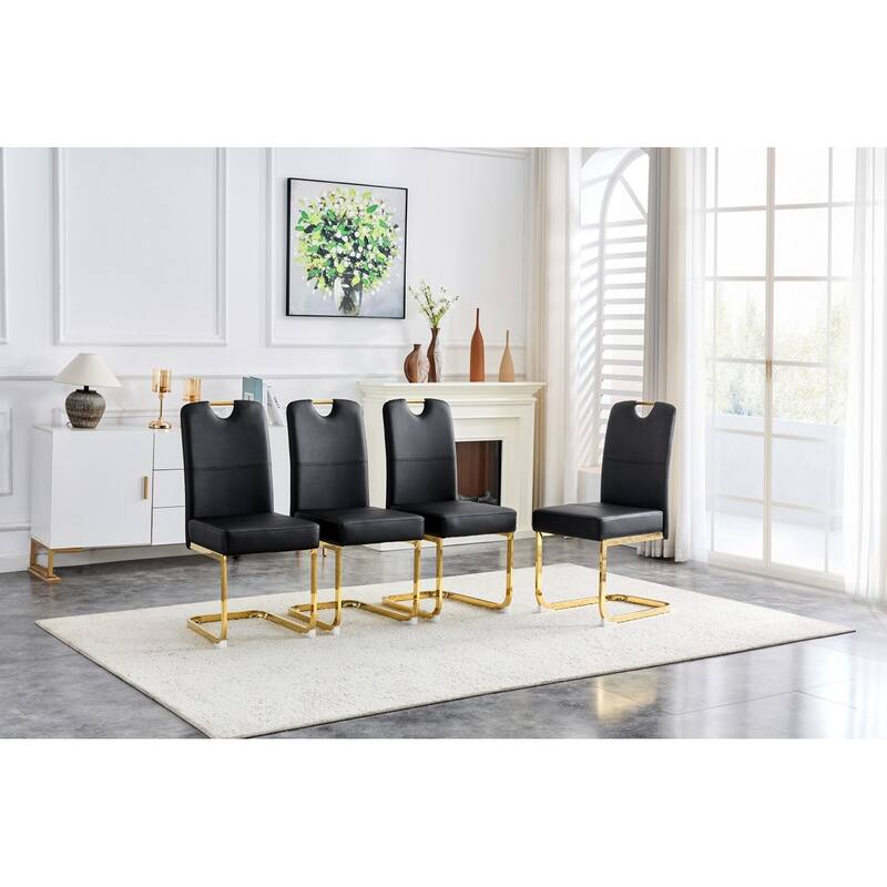 Set of 4, 15.7" PU Upholstered Dining Chairs with Golden Metal Legs - Black