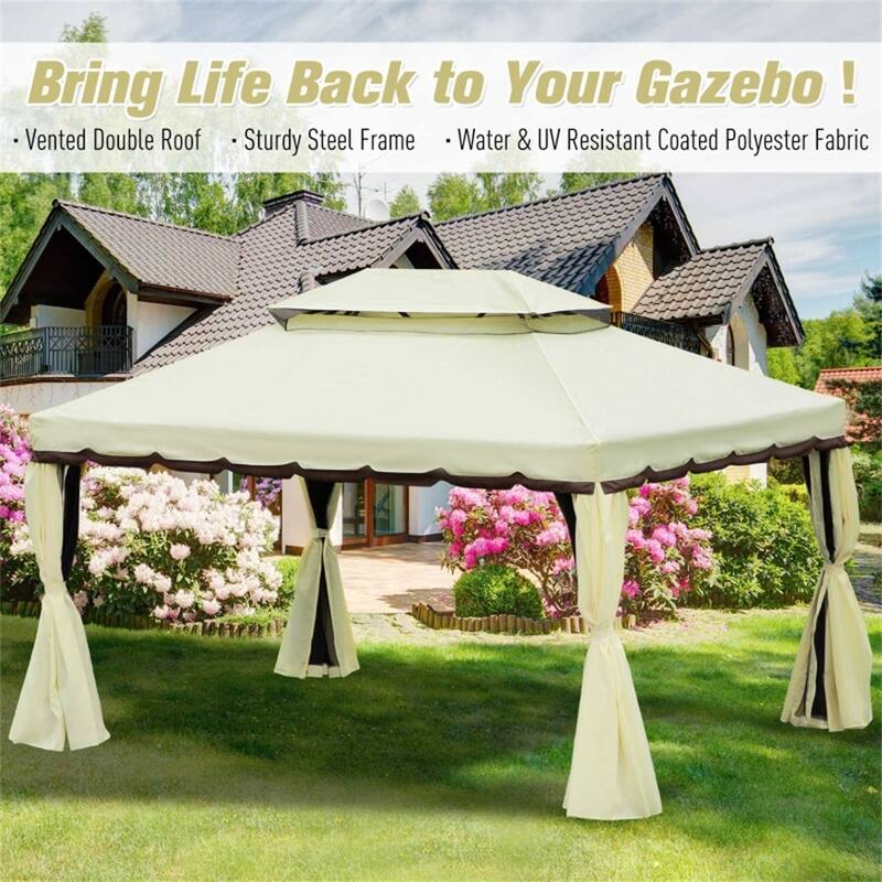 12.8 Foot Outdoor Gazebo Cream White and Brown Aluminum Frame Polyester Roof with Mesh Netting