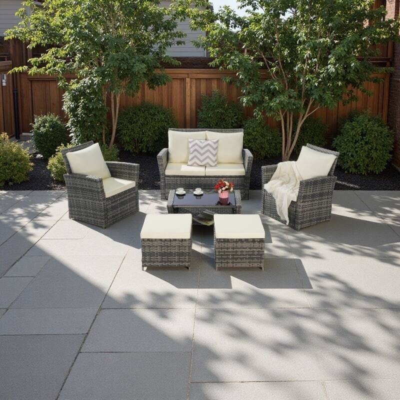 6-Piece Outdoor Wicker Conversation Set with Ottomans and Glass Coffee Table, Cushioned Seating - Beige