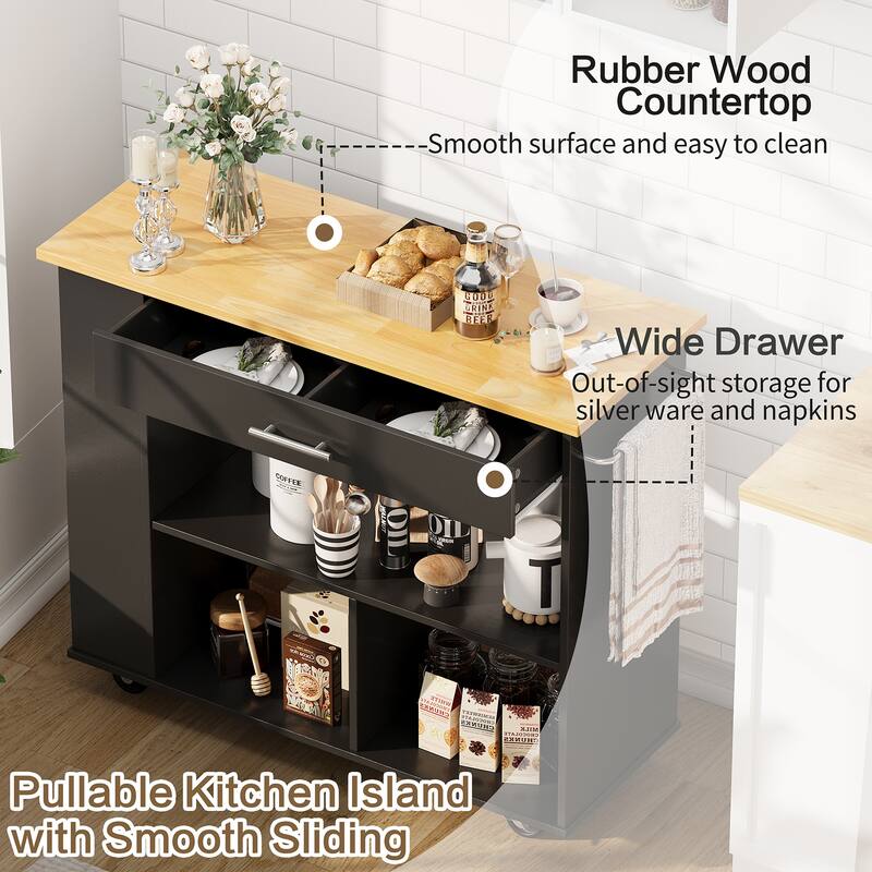 Kitchen Island with Towel Rack – Mobile Cart with Rubber Wood Top, Easy-Glide Storage