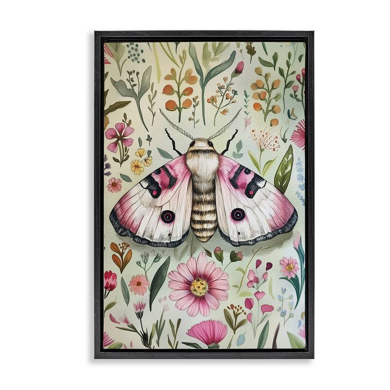Stupell Moth over Floral Herbs Framed Floater Canvas Wall Art Design By The Dutch Lady - 17 x 25 - Black