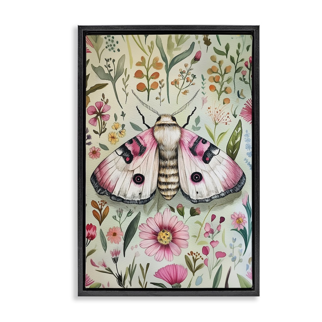Stupell Moth over Floral Herbs Framed Floater Canvas Wall Art Design By The Dutch Lady