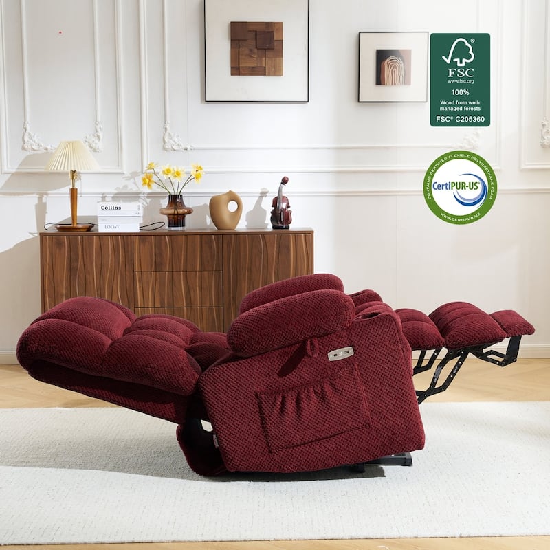 MCombo Dual Motor Power Lift Recliner Chair Sofa with Massage and Heat, Infinite Position, USB Ports, Fabric R7897 - Burgundy