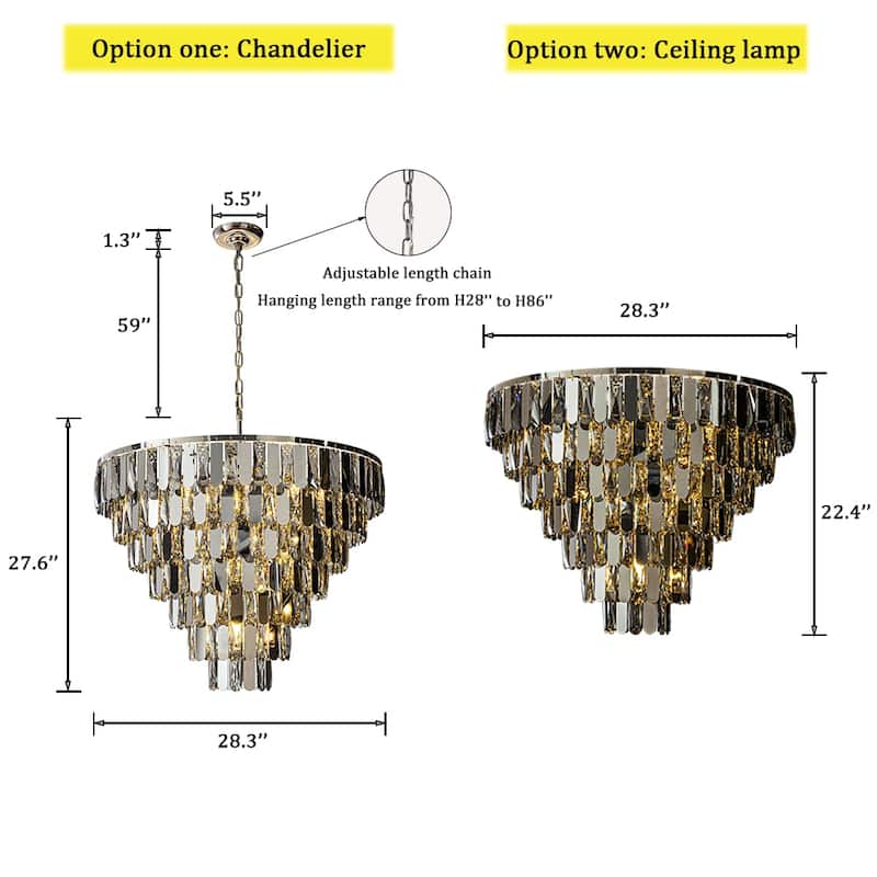 CraftHome Dimmable Smoked Crystal Flush Mount Ceiling Light Chandelier with Polished Nickel Finish and Stainless Steel Accents