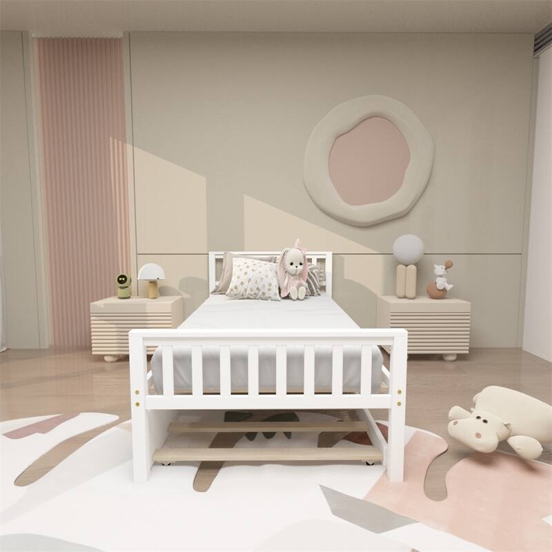 Twin Size Platform Bed Frame with Trundle for Small Space-White