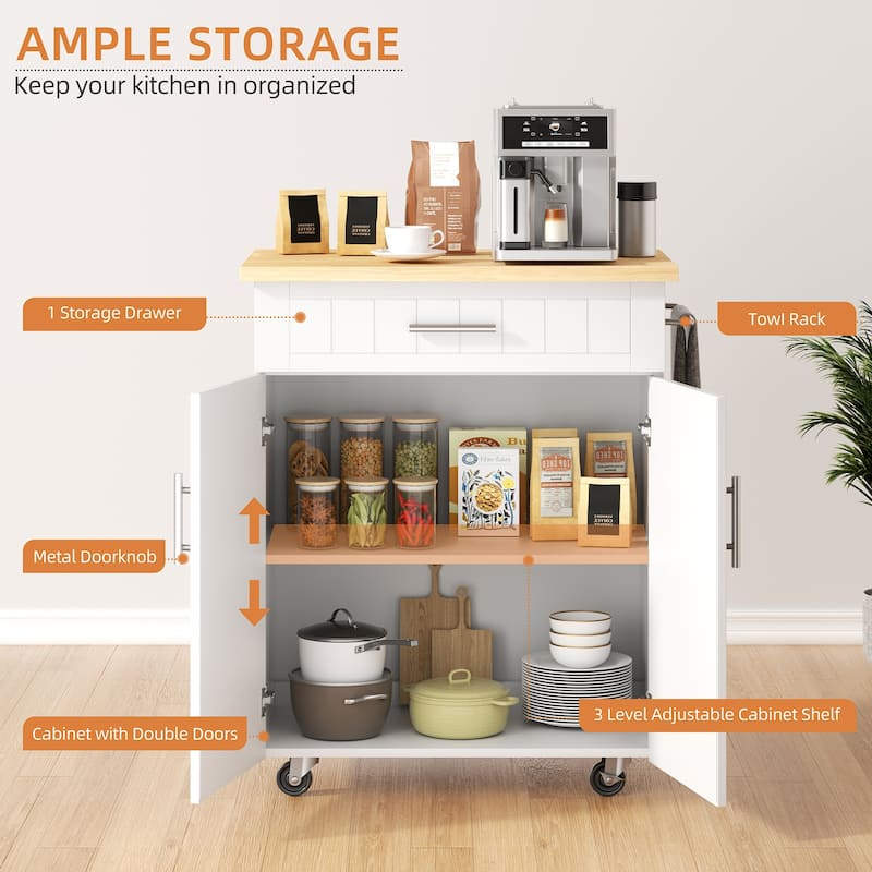 Rolling Kitchen Island with Storage Cabinet & Drawer – Extra Counter Space for Kitchen