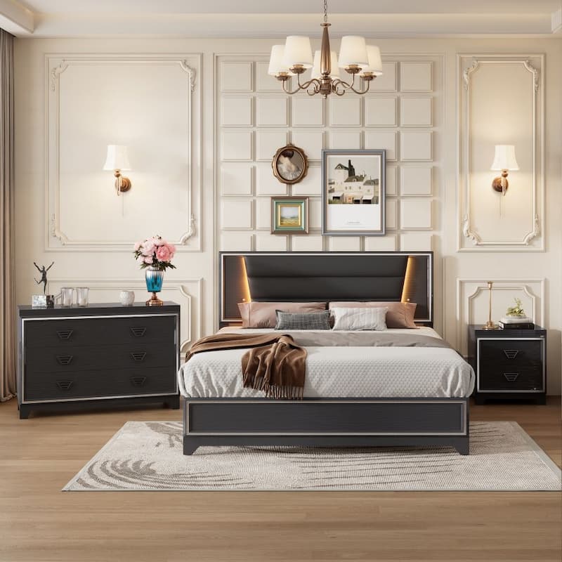 3-Pieces Bedroom Sets Queen Size Upholstered Bed - Black