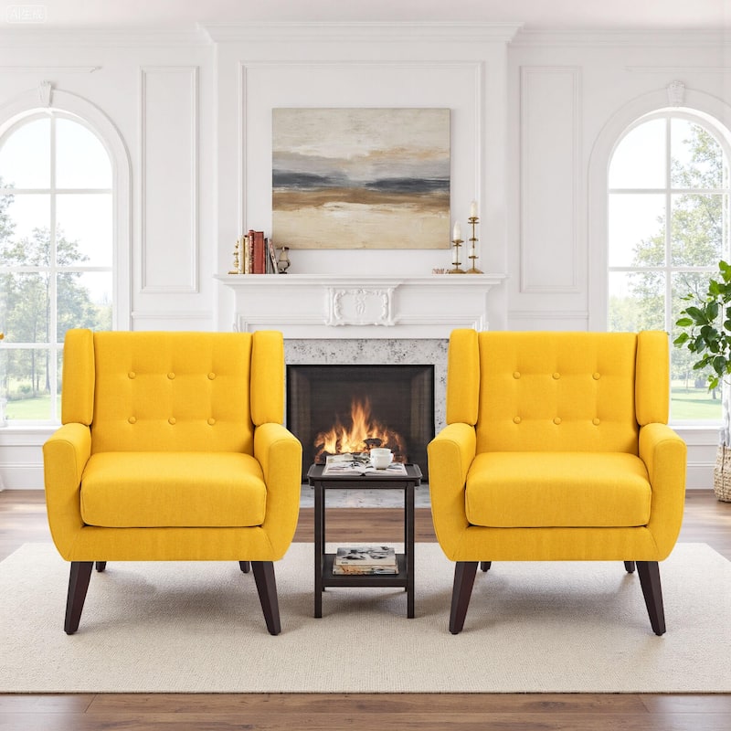 2 Set Modern Tufted Linen Upholstered Accent Chair Faux Leather Armchair - Linen - Yellow Linen