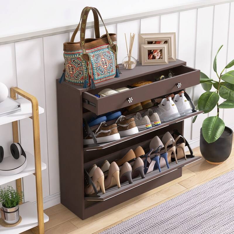 Mirrored Shoe Cabinet with Drawers - Space-Saving Entryway Organizer in Brown Finish