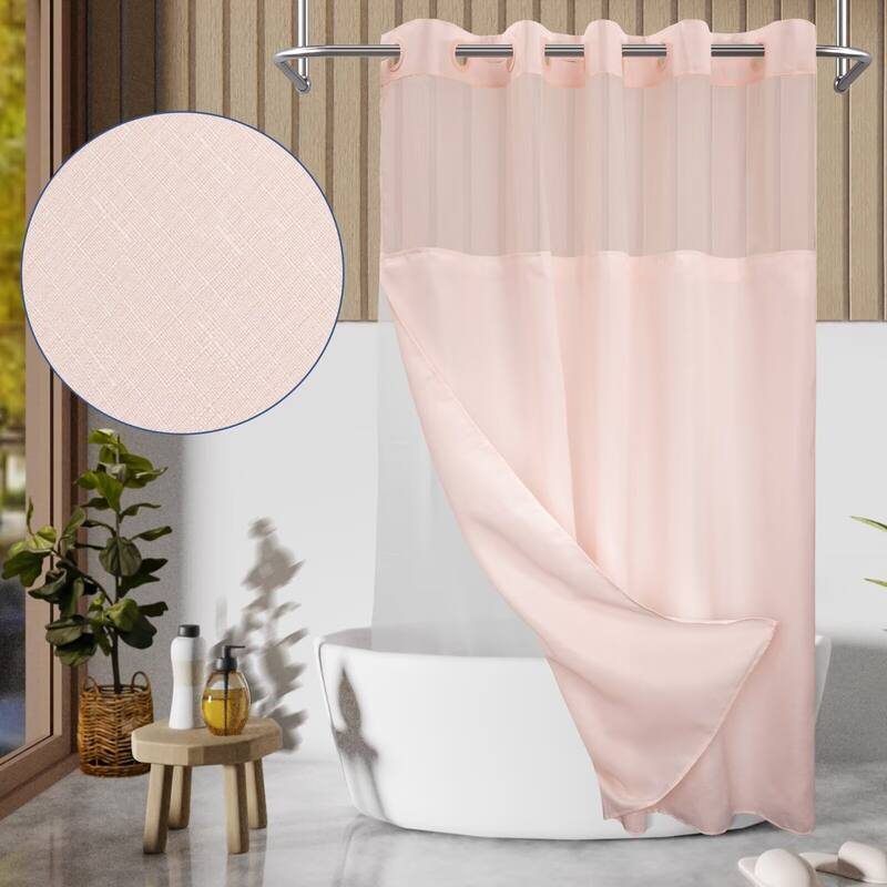 No Hook Slub Linen Texture Shower Curtain with PEVA Snap-in Liner