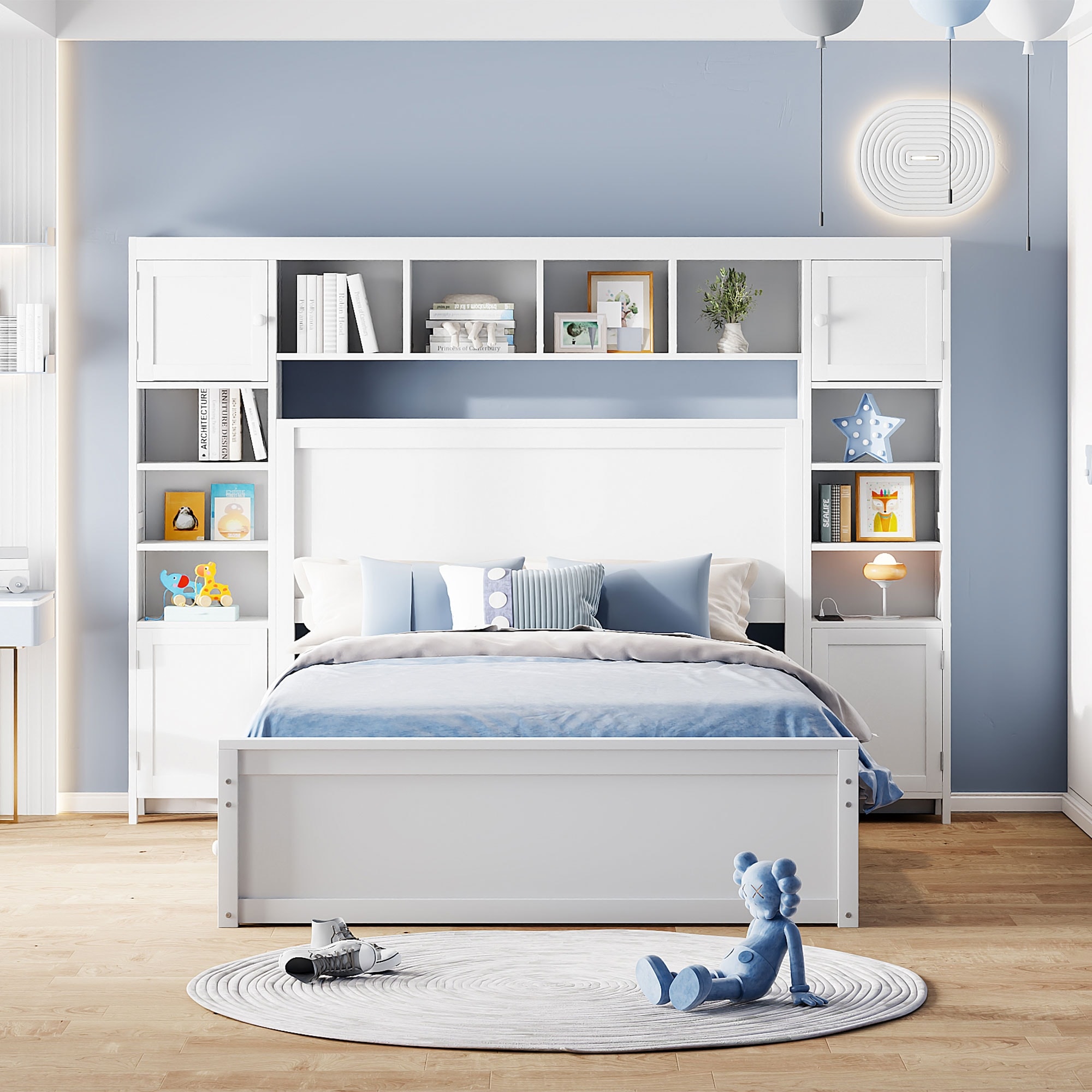 Full Size Wooden Bed with All-in-One Cabinet, Shelf and Sockets,Twin Size Trundle, White