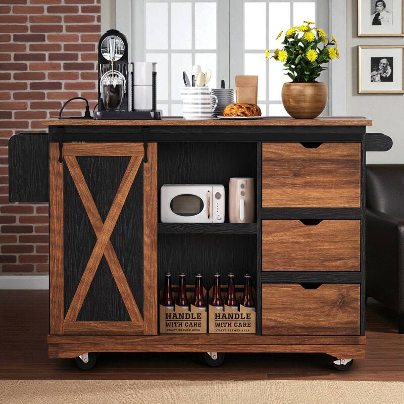 55.5" Farmhouse Kitchen Island with Drop Leaf, Barn Door, Power Outlet, Drawers & Shelves, Rolling Cart on Wheels - Black