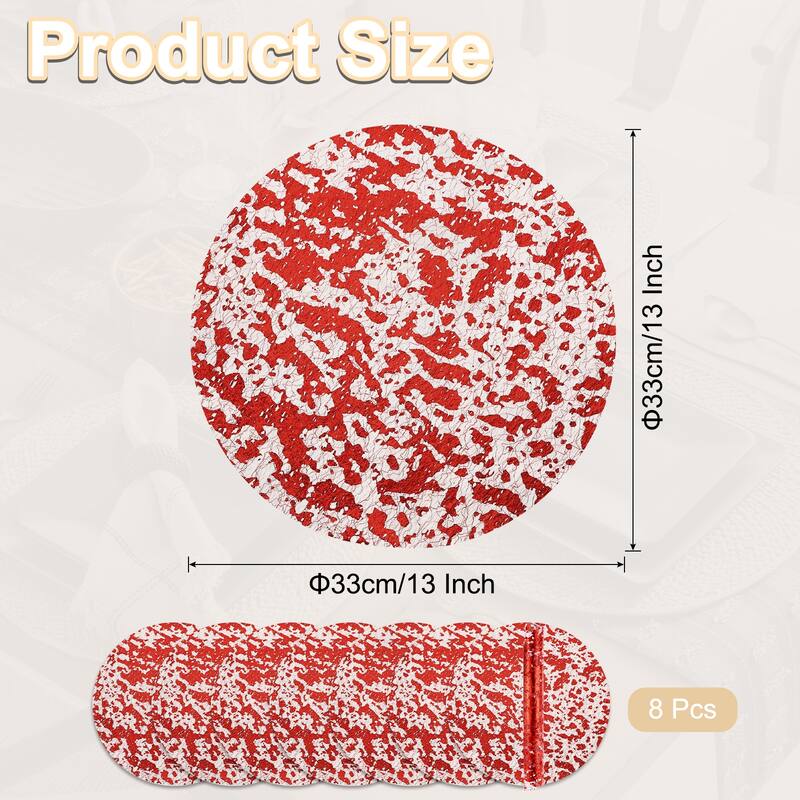 8Pcs Disposable Round Placemats, 13" Metallic Glitters Foil Mesh Mats - Red