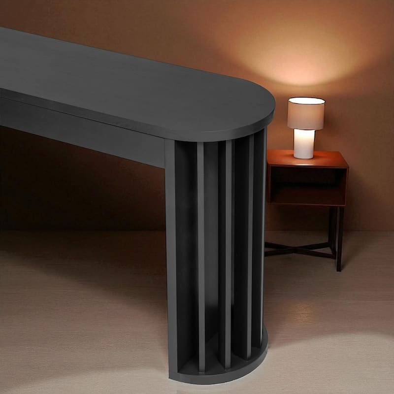 59" Farmhouse Oak Veneer Console Table with 2 Drawers, Curved Legs and Straight Line Design for Entryway or Hallway