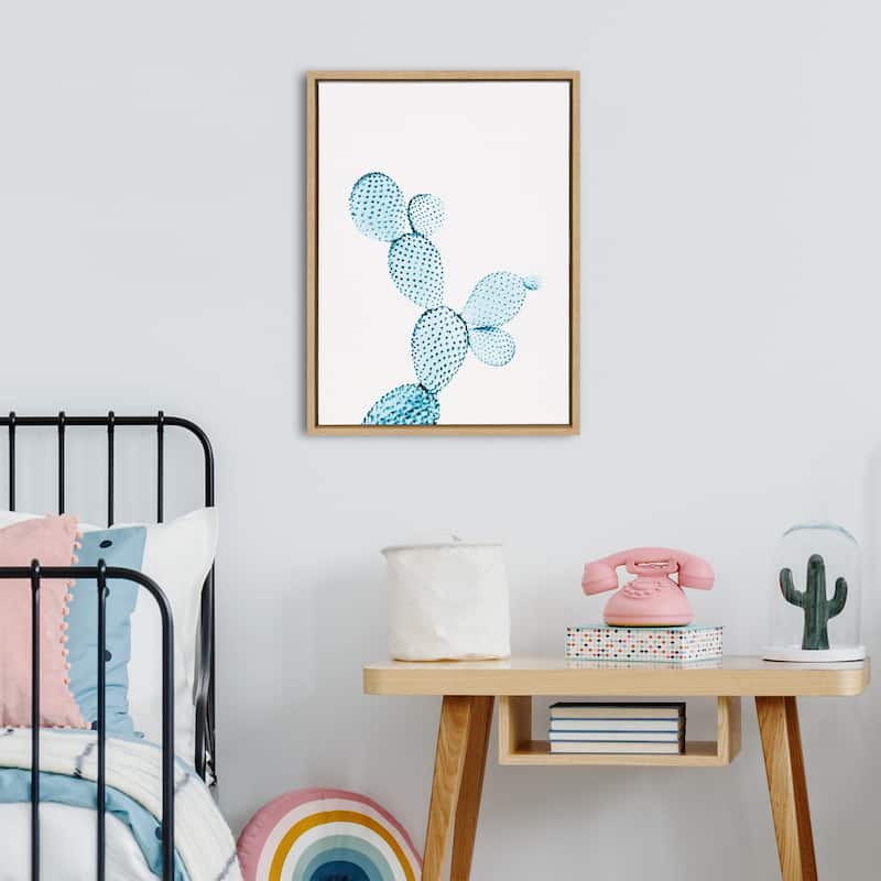 Kate and Laurel Sylvie Blue Cactus Framed Canvas by Simon Te Tai - Natural