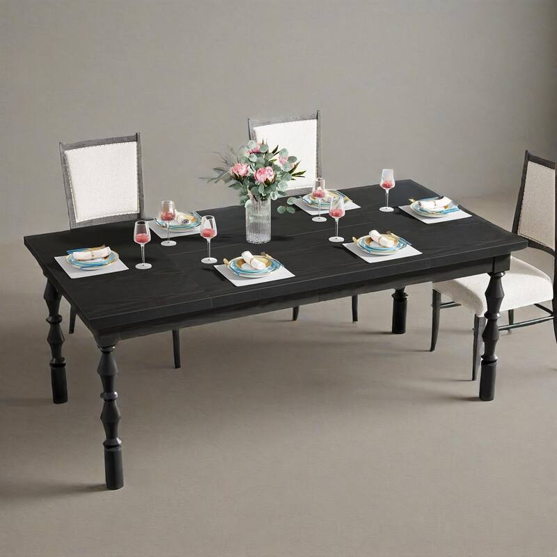 Rectangular Farmhouse Dining Table 62 Inch Black Wood MDF Top with Carved Legs Seats 4 to 6 People - 62.20" x 30.71" x 29.53"