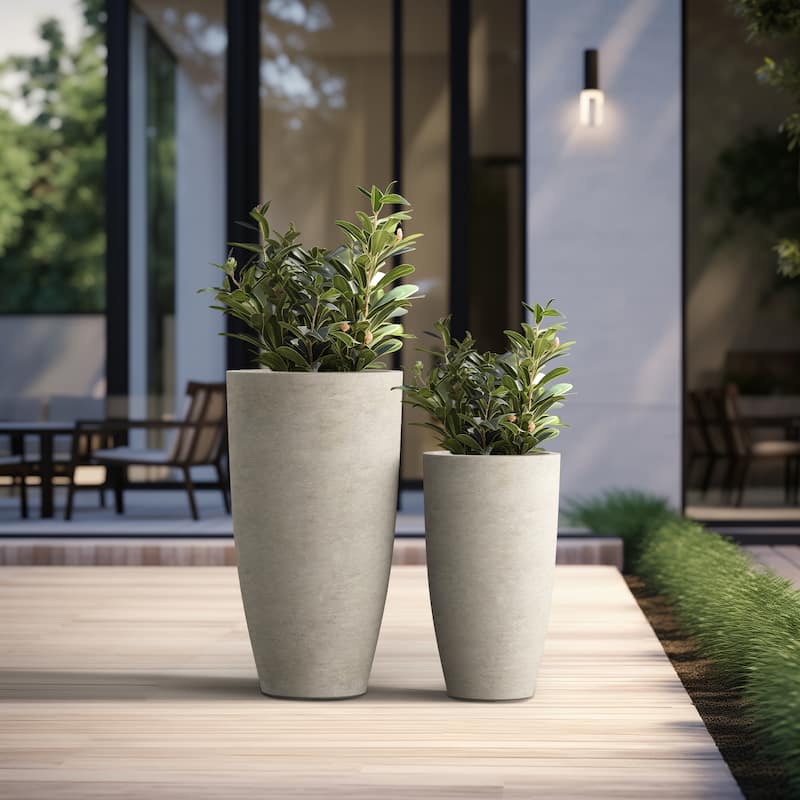 Tall Concrete Round Plant Pots / Large Indoor and Outdoor flower Planters - 2 Piece Set (13.5, 17.5 Inch Diameter) - Light Gray