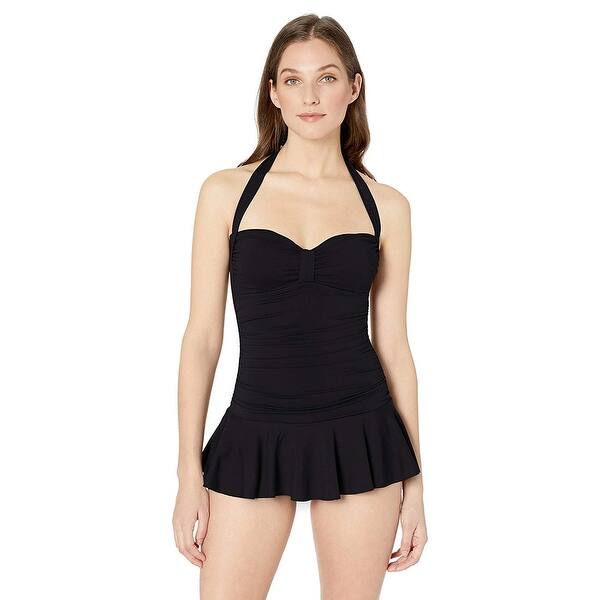 Shop Chaps Women S Rouched Front Skirted Halter One Piece Black Solids Size 12 Overstock 28822191