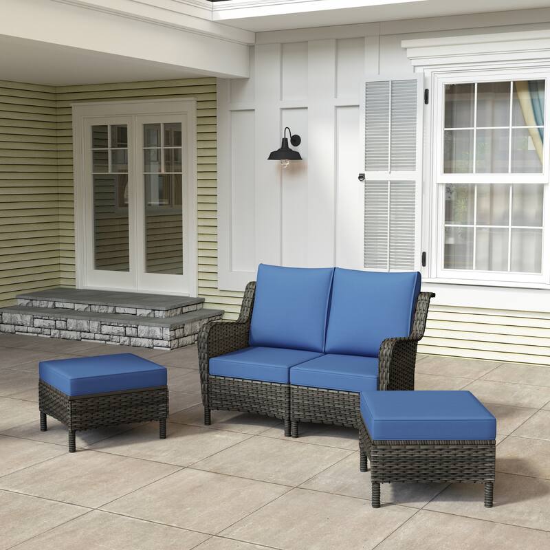 Rattan Outdoor Sectional Set with Modular Seating - 4-Piece - Dark Blue