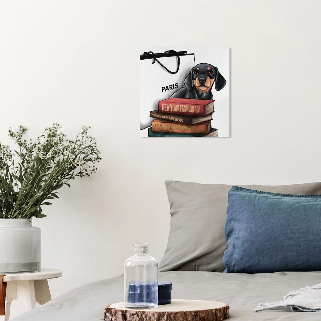 Wynwood Studio Canvas Fashion and Glam Fashion Books Dachshund Black and Pastel Red Glam Wall Art Canvas Print