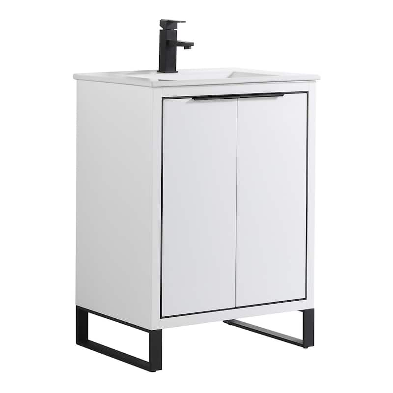 Fine Fixtures Opulence Collection Bathroom Vanity with White Ceramic Sink - 24 Inch - White Matte - Black Hardware
