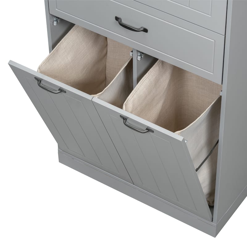 Roomfitters Bathroom Storage Cabinet with Double Laundry Hampers, Doors and Drawer Organizer