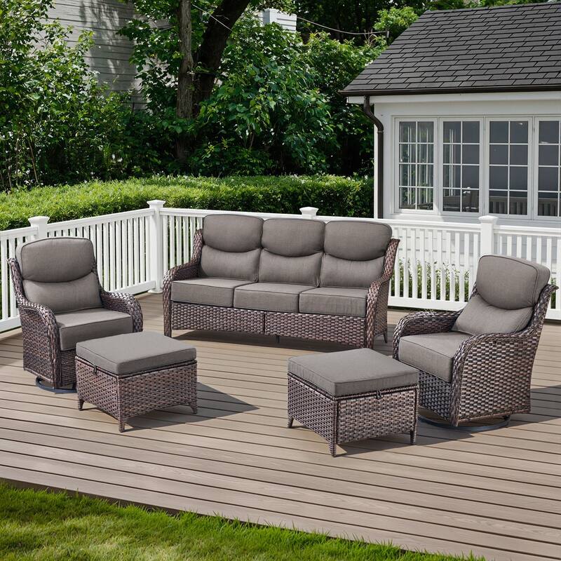Arcadia 5-Piece Wicker Patio Conversation Set with Swivel Gliders and 6-Inch Thick Olefin Cushions