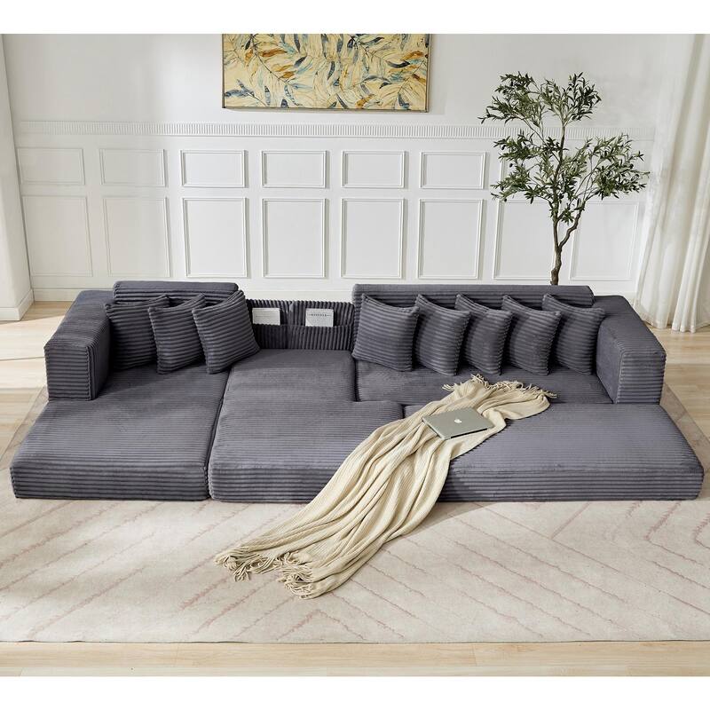 Floor Sleeper Sofa Bed Convertible L-shaped Modular Sectional Couch with Chaise, Corduroy Compression Sofa with Side Pockets