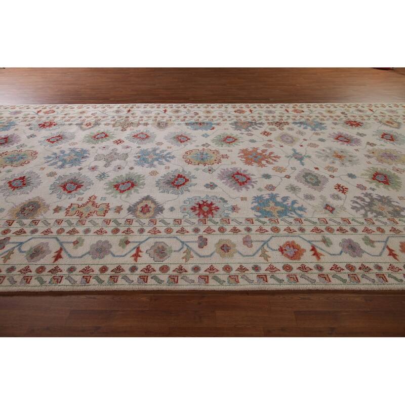 Hand Knotted Oriental 100% Wool Carpet Transitional All-Over Beige & Ivories Oushak Area Rug - 17' 10'' X 9' 1''
