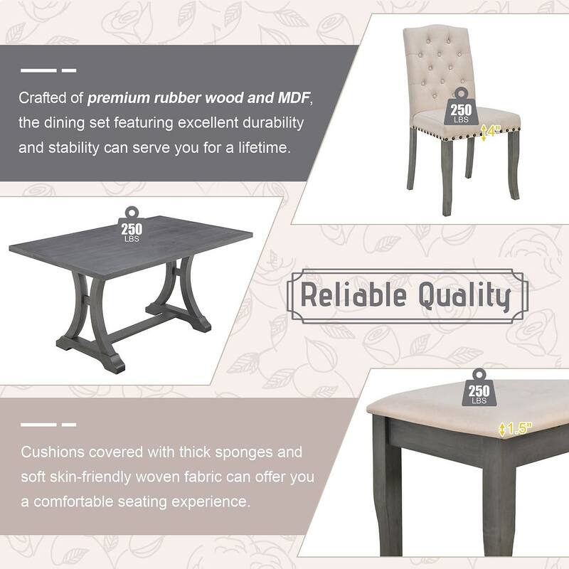 6 PCS Farmhouse Dining Table Set for 6 - Rectangular Trestle Table with Chairs & Bench