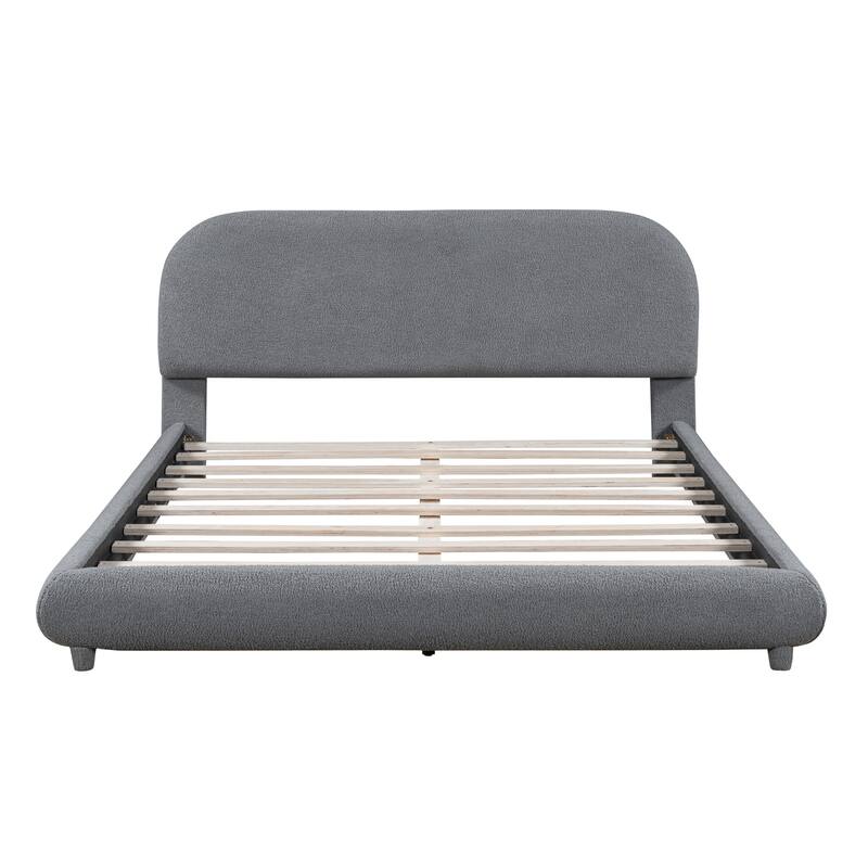 Curved Design Teddy Fleece Upholstered Platform Bed Frame, Queen, Grey