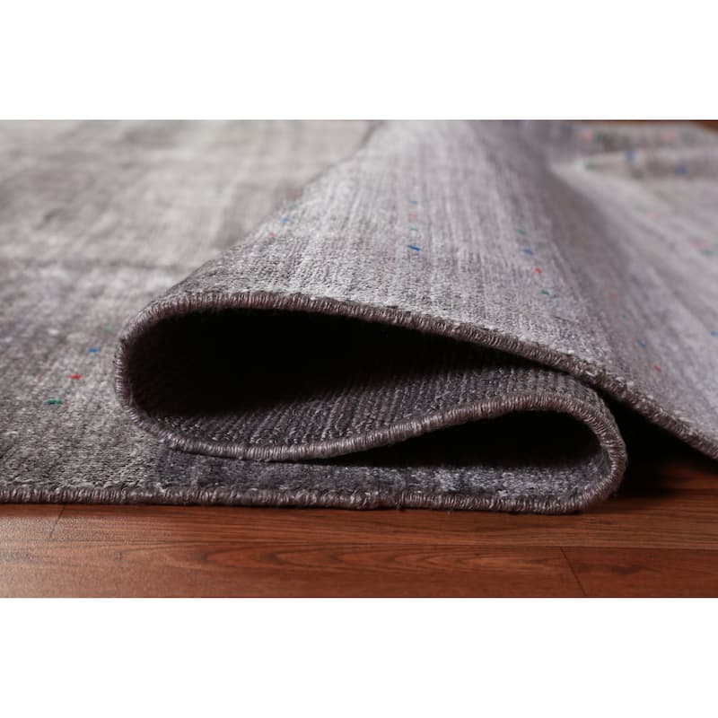 Hand Knotted Oriental Viscose Silk Carpet Tribal Stripe Greys & Charcoal Gabbeh Area Rug - 9' 9'' X 8' 0''