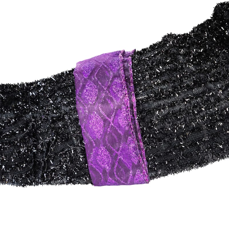 12" Black Witch's Boot Purple Glittered Roses Halloween Decoration