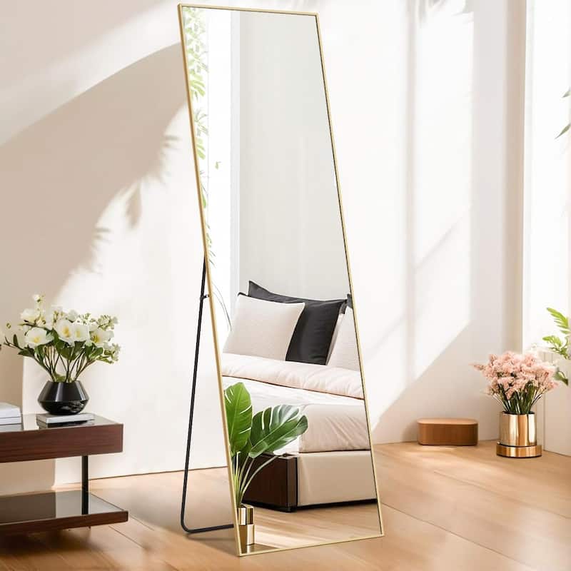Mirror Full Length, 21"x64" Body Wall Mirrors, Floor Standing, Large Tall Mirror with Stand Aluminum Alloy Frames - Gold-rectangular