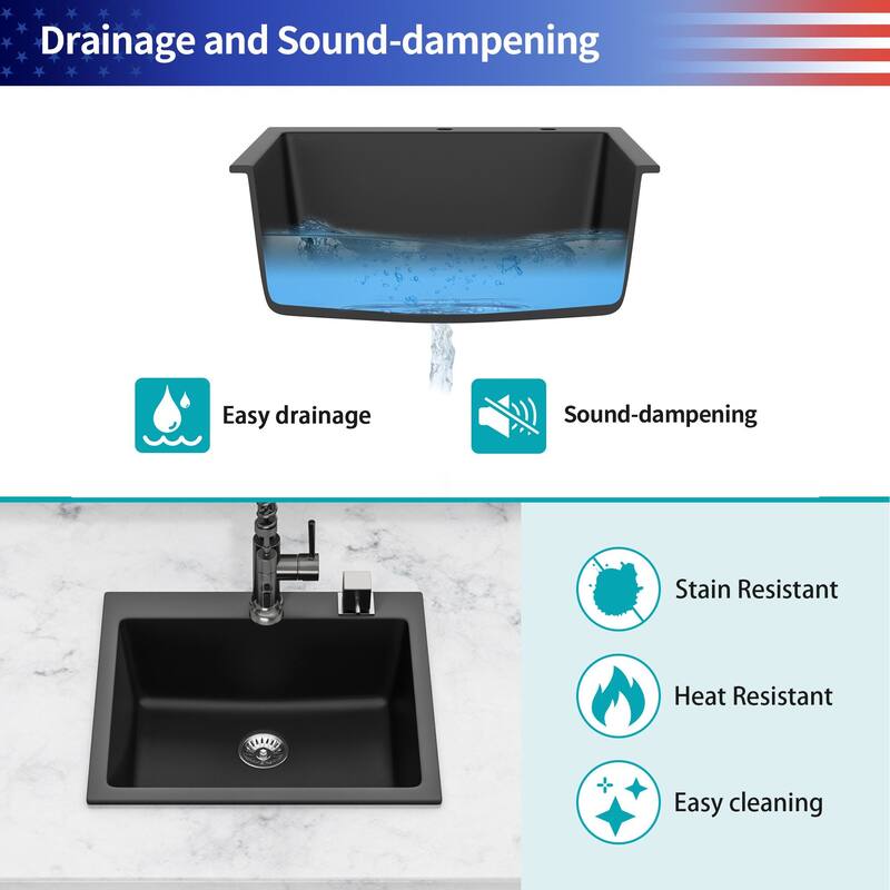 Drop-in Single Bowl Quartz/Granite Composite Kitchen Sink in Matte Black