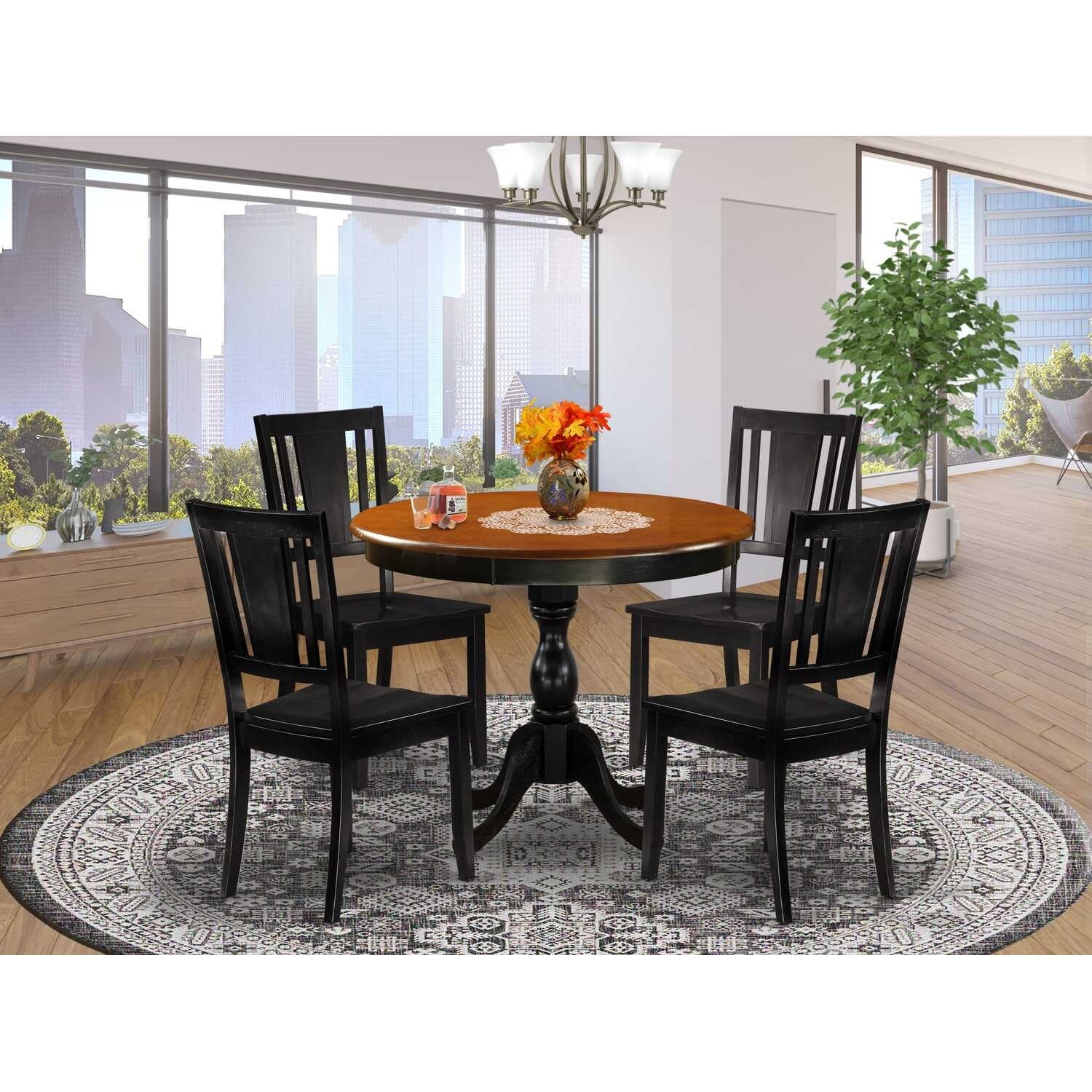 HomeStock 5-Piece Black and Cherry Finish Solid Wood Top Dining table with 4 Chairs