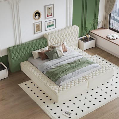 Beige King Size Special-shaped Fully Upholstered Platform Bed with Deep Button Tufting and Storage