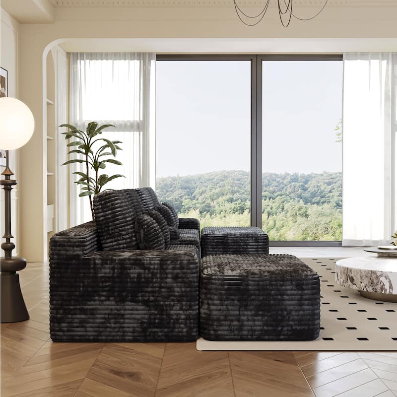 Corduroy Sectional Sofa with Ottomans, Console Table with Storage Box, Charging Station, Cup Holders and Bluetooth Speaker