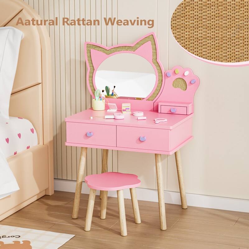 Kids Cat Mirror Vanity Makeup Dressing Table With 7 Pretend Play Accessories - N/A