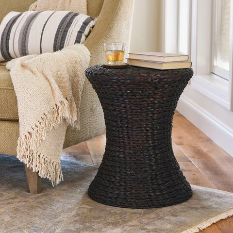 Stained Water Hyacinth Wicker Stool, Handwoven Wicker Braid with Sturdy Metal Frame, Lightweight Hourglass Profile