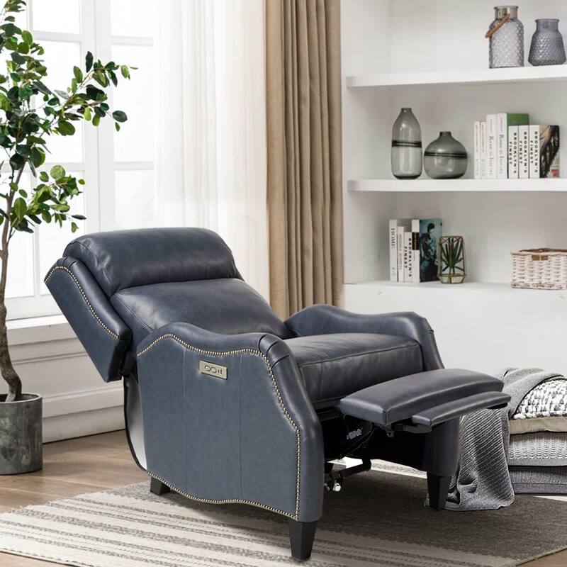 Genuine Leather Nailhead Trim Recliner Dual Power Home Theatre Power Recliner Chair with USB Port