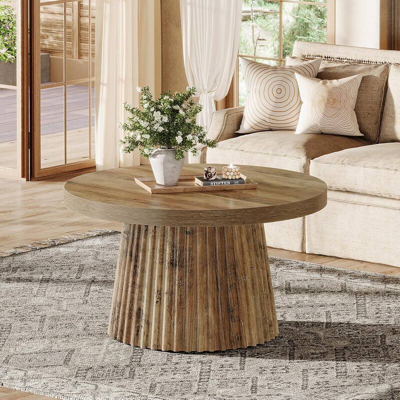 Round Coffee Table, 31.5" Modern Minimalist Circle Center Table with Fluted Drum Base, Accent Cocktail Table - Brown