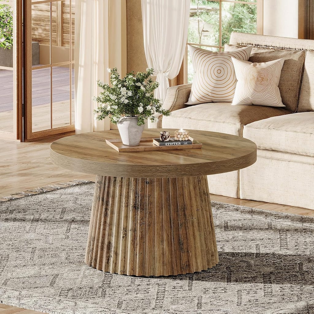 Round Coffee Table, 31.5" Modern Minimalist Circle Center Table with Fluted Drum Base, Accent Cocktail Table