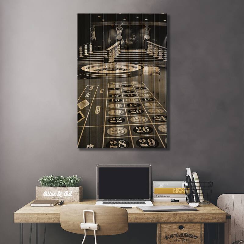 1960s Casino Viewed From End Of Roulette Table Opposite Of Wheel Looking Toward Statues Print On Wood by Vintage Images