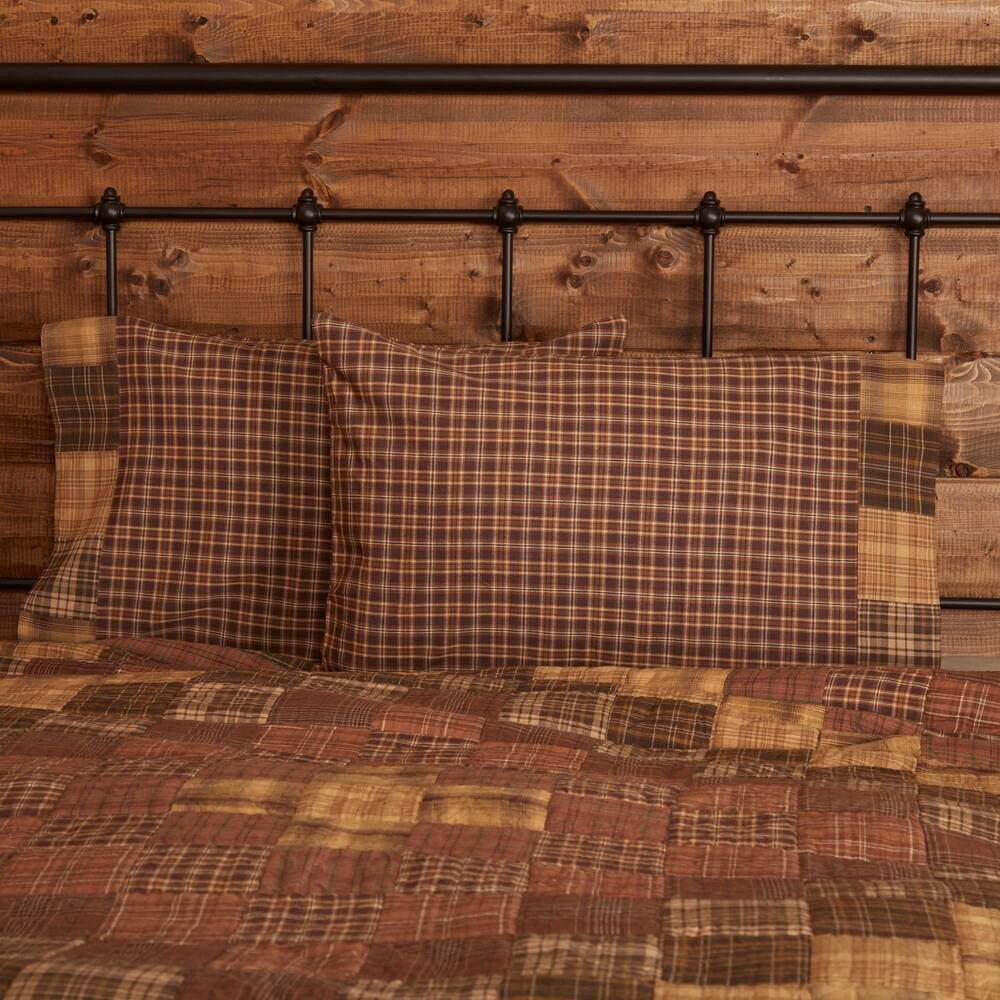 Brown Rustic Bedding VHC Prescott Block Border Pillow Case Set of 2 Cotton Plaid Patchwork
